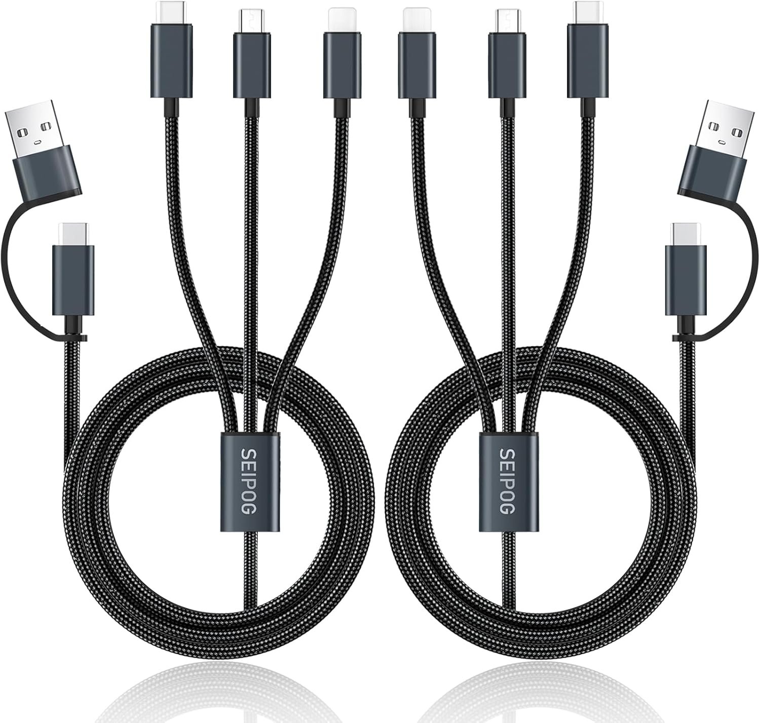Multi Charging Cable 5 in 1, 2 Pcs 4FT USB C/A Multi Charger Cable to Type-C/Micro USB Port, Nylon Braided USB C Multiple Charger Cable, Universal Multi Phone Charger Cable for Cell Phones and More